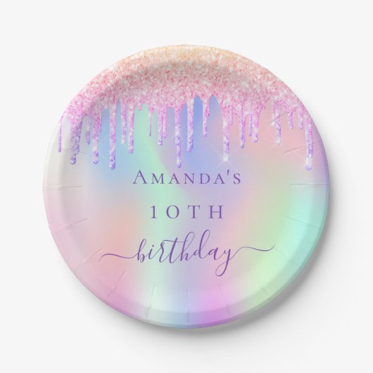 Rosa Geburtsname lila Glitzer holografischer Name Pappteller (Vorderseite)