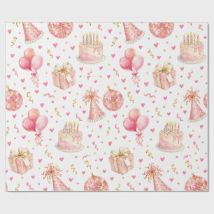 Rosa Geburtstagsfeier-Kuchen-Ballons-Geschenkverpa Geschenkpapier