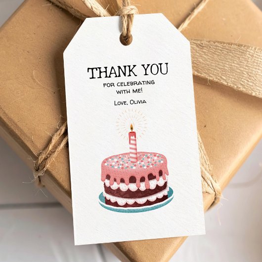 Rosa Geburtstagskuchen mit brennender Kerze Geschenkanhänger