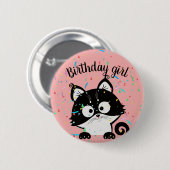 Rosa Geburtstagsmädchen-Partyknopf mit Tuxedokatze Button (Vorne & Hinten)