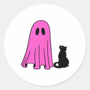 Rosa Geist und schwarze Katze Halloween Herbssaiso Runder Aufkleber