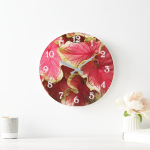 Rosa gekräuselte Caladium-Blätter Floral Große Wanduhr