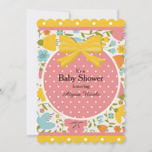 Rosa Gelb Blau Floral und Punkte Baby Shower Einladung