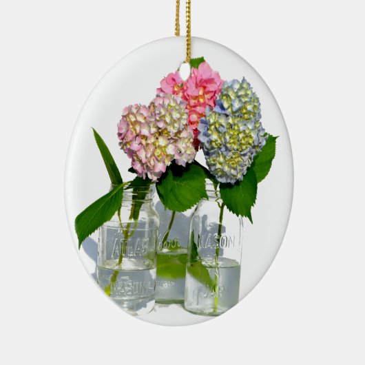 Rosa, gelb-blaue Hydrangeas in Mason-Glas Keramikornament (Rechts)
