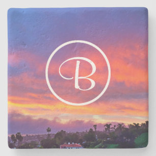 Rosa gelb-blaues Sonnenuntergang Foto, fett Steinuntersetzer