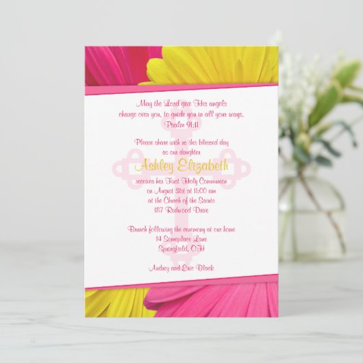 Rosa Gelb Gerber Daisy 1. Kommunion Einladung (Stehend Vorderseite)