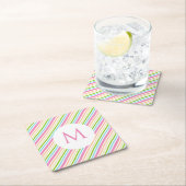 Rosa Gelb-grüne Streifen Monogramm Rechteckiger Pappuntersetzer (Vor Ort)