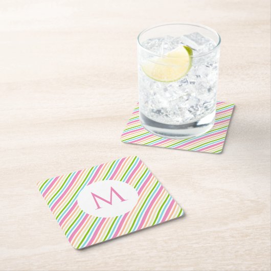Rosa Gelb-grüne Streifen Monogramm Rechteckiger Pappuntersetzer (Vor Ort)