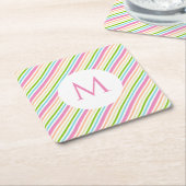 Rosa Gelb-grüne Streifen Monogramm Rechteckiger Pappuntersetzer (angewinkelt)