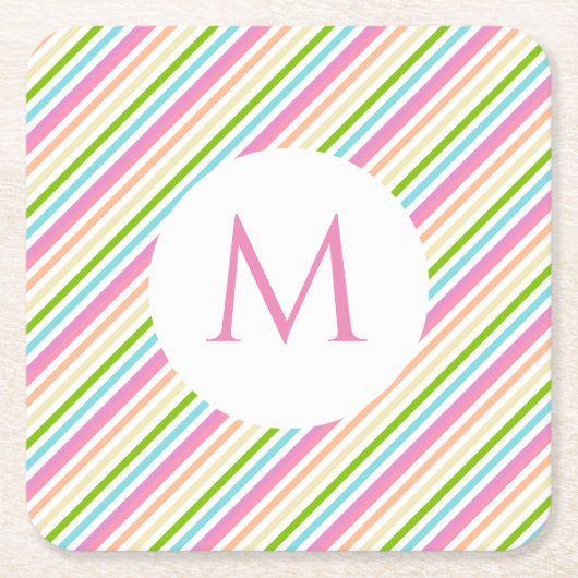 Rosa Gelb-grüne Streifen Monogramm Rechteckiger Pappuntersetzer (Vorderseite)