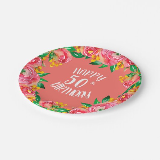 Rosa, Gelb, Korallenflora Wasserfarbe Pappteller (Schrägansicht)