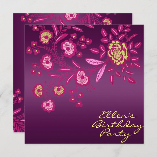 Rosa/Gelb & Lila Blume Geburtstag Einladung (Vorne/Hinten)