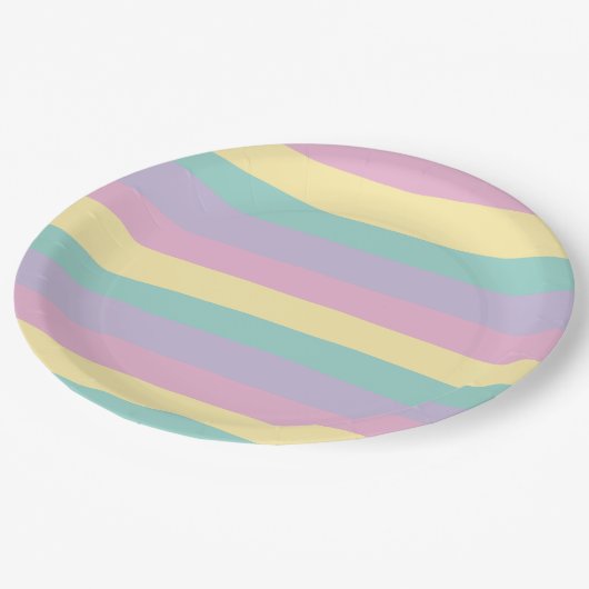 Rosa, gelb, Lila und grün Pappteller (Schrägansicht)