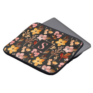 Rosa Gelb Orange Floral Schwarz Monogramm Laptopschutzhülle