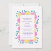 Rosa Gelb und Blau florale bunte Quinceañera Einladung (Vorderseite)