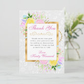 Rosa, Gelb und Blüten Gold Quinceanera Dankeskarte (Stehend Vorderseite)