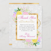 Rosa, Gelb und Blüten Gold Quinceanera Dankeskarte (Vorne/Hinten)