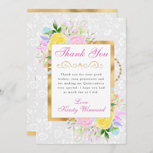 Rosa, Gelb und Blüten Gold Quinceanera Dankeskarte (Vorne/Hinten)