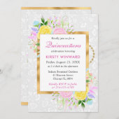 Rosa, Gelb und Blüten Gold Quinceanera Einladung (Vorne/Hinten)