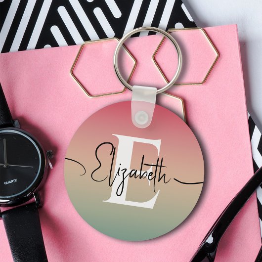 Rosa Gelb und grüne Gradientenschrift Monogram Schlüsselanhänger