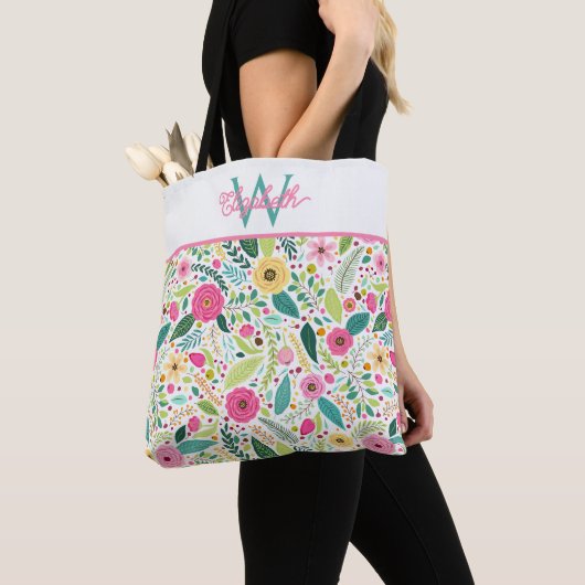Rosa Gelb und Türkis Frühlingsflorales Monogramm Tasche (Von Nahem)