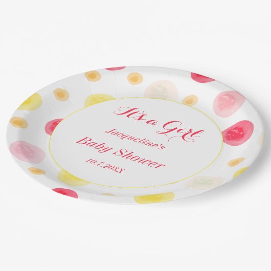 Rosa gelbe Babydusche Wasserfarben Punkte Pappteller (Schrägansicht)