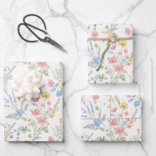 Rosa Gelbe Blaue Wildblumen Aquarellstil Geschenkpapier Set