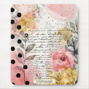 Rosa-gelbe Blumen-Collage auf antiker Papier Mousepad