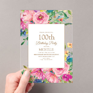Rosa gelbe Blumen Gold Glitter 100. Geburtstag Acryleinladungen
