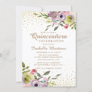 Rosa gelbe Blumen Gold Glitter Quinceañera Einladung