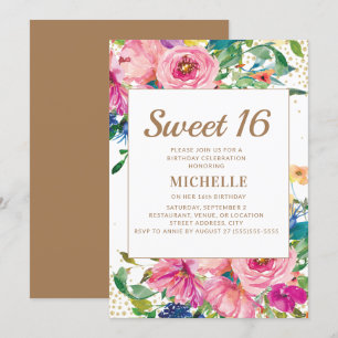Rosa gelbe Blumen Gold Glitter Sweet 16 Einladung