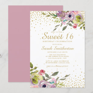 Rosa gelbe Blumen Gold Glitter Sweet 16 Geburtstag Einladung