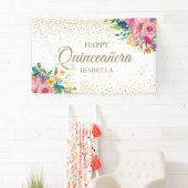 Rosa Gelbe Blumen Gold Glitzer Happy Quinceañera Banner (Insitu)