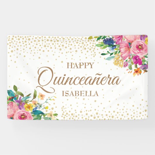 Rosa Gelbe Blumen Gold Glitzer Happy Quinceañera Banner (Horizontal)