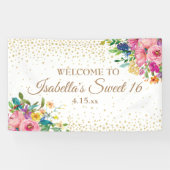 Rosa Gelbe Blumen Gold Glitzer Sweet 16 Banner (Horizontal)