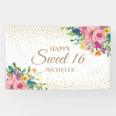 Rosa Gelbe Blumen Gold Glitzer Sweet 16 Banner (Horizontal)