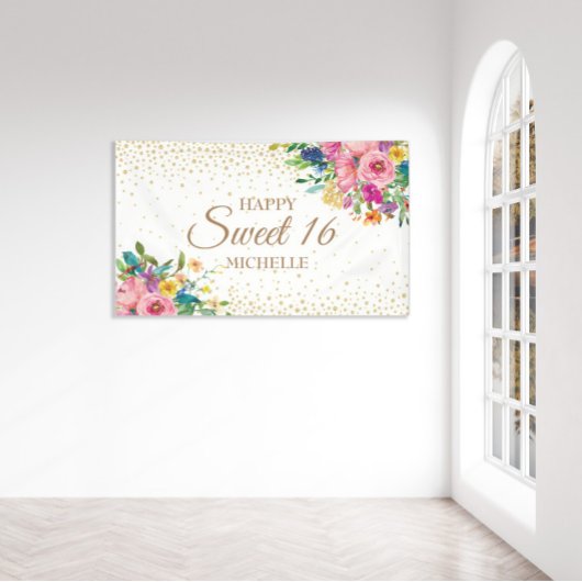 Rosa Gelbe Blumen Gold Glitzer Sweet 16 Banner