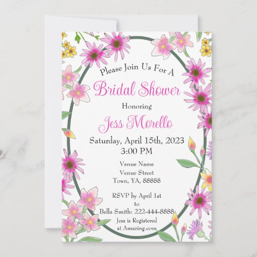 Rosa Gelbe Blumen Grünes Brautparty Einladung (Vorderseite)