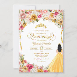 Rosa gelbe Blumen und goldene Quinceanera Einladung