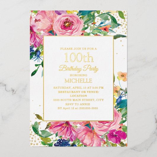 Rosa Gelbe Blütengoldblüte Glitzer 100. Geburtstag Folieneinladung (Vorderseite)
