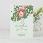 Rosa/gelbe Dame Slipper Orchid Grüne Hochzeit Einladung (Stehend Vorderseite)