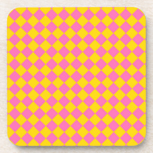 Rosa gelbe Diamant-Harlekin-Schachbrettmuster Getränkeuntersetzer