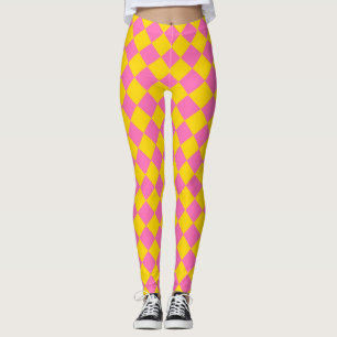 Rosa gelbe Diamant-Harlekin-Schachbrettmuster Leggings