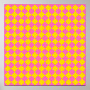 Rosa gelbe Diamant-Harlekin-Schachbrettmuster Poster