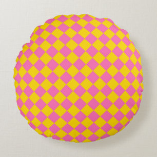 Rosa gelbe Diamant-Harlekin-Schachbrettmuster Rundes Kissen
