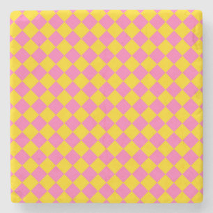 Rosa gelbe Diamant-Harlekin-Schachbrettmuster Steinuntersetzer