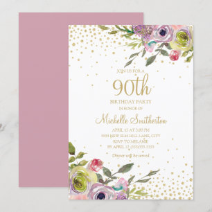 Rosa Gelbe Flora Gold Glitzer 90. Geburtstag Einladung