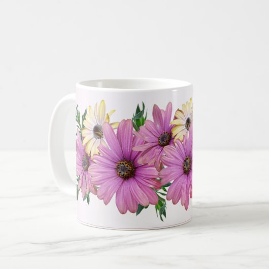 Rosa Gelbe Florale Rustikale Elegante Hochzeit Kaffeetasse (Vorderseite Links)