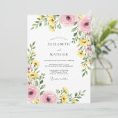 Rosa gelbe glückliche Frühlingshochzeit Einladung (Stehend Vorderseite)