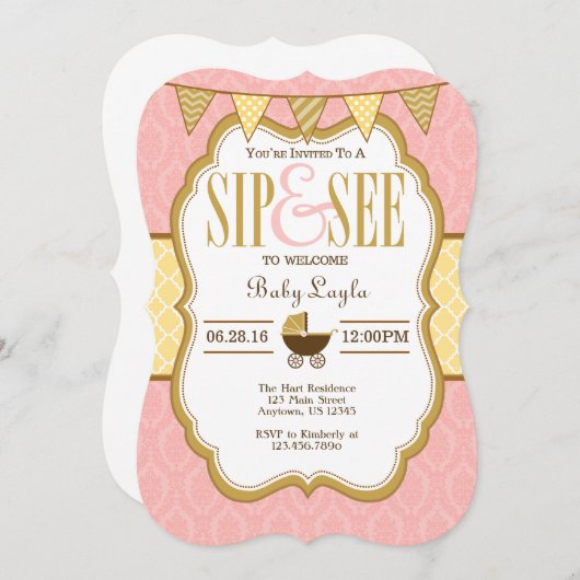 Rosa gelbe goldene Sippe und sehen Sie Einladung (Vorne/Hinten)